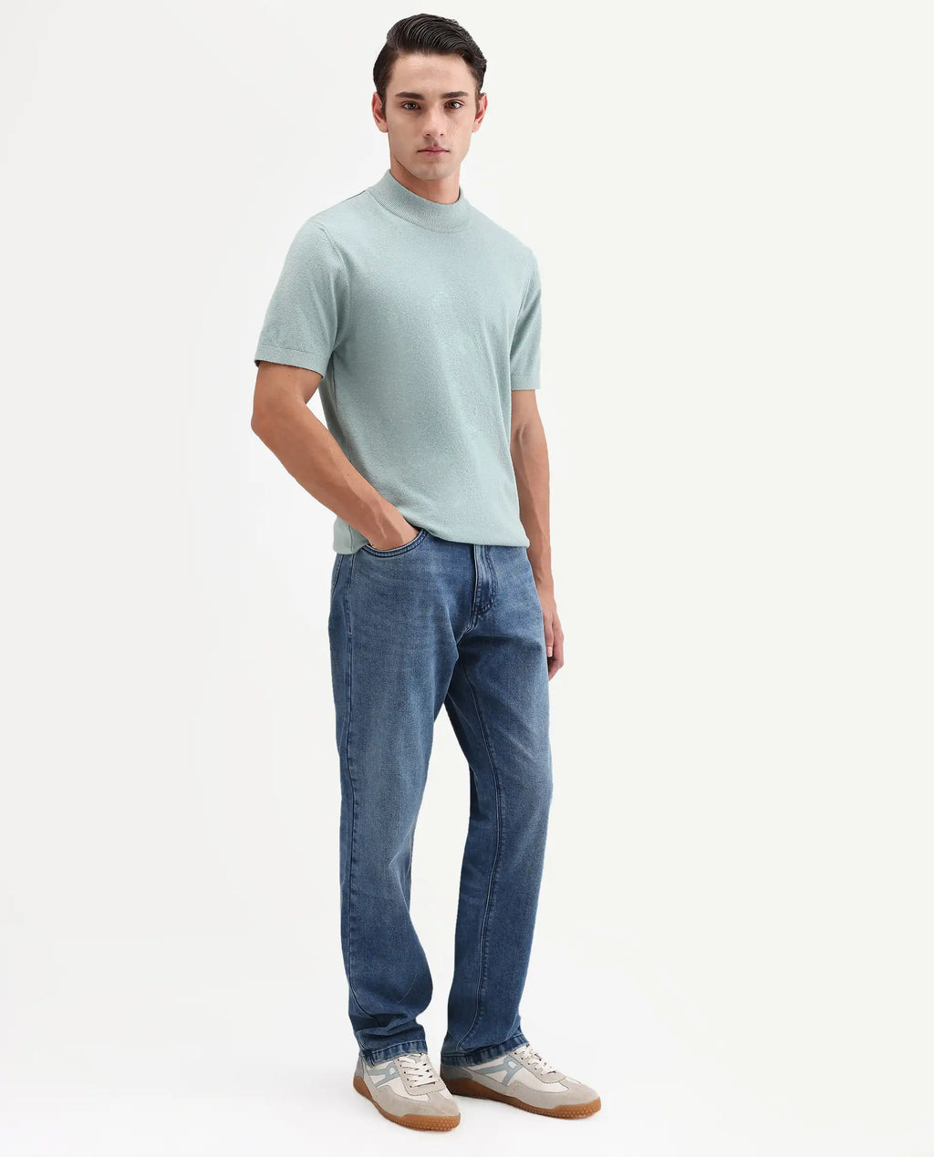 Rare Rabbit Men's Kien Blue Cotton Blend Fabric Shank And Zipper Morris Regular Plain Jeans