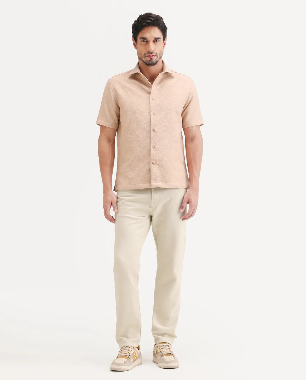 Rare Rabbit Men's Arvi B Beige Cotton Fabric Shank And Zipper Kurt Carrot Plain Jeans