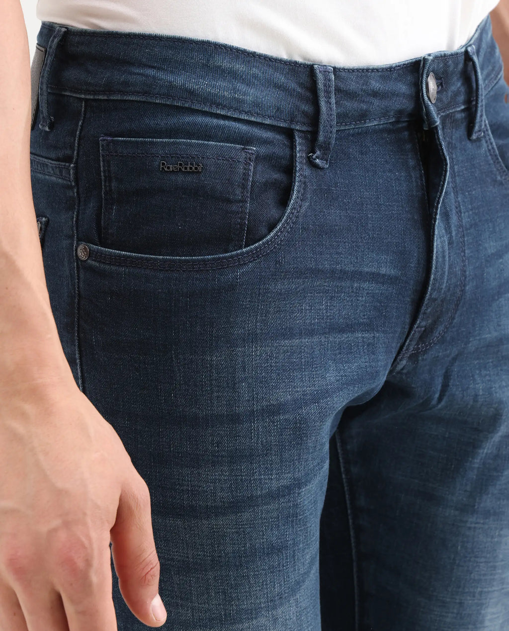 Rare Rabbit Men's Lenz D Dark Blue Cotton Blend Fabric Shank And Zipper Hawk Slim Plain Jeans