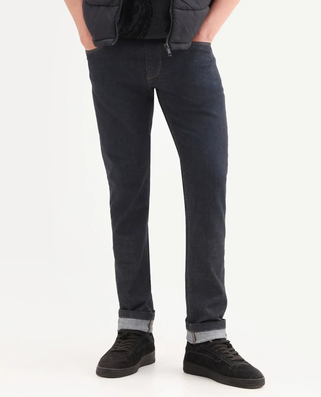 Rare Rabbit Men's Zire H Dark Navy Cotton Blend Fabric Shank And Zipper Hawk Slim Plain Jeans