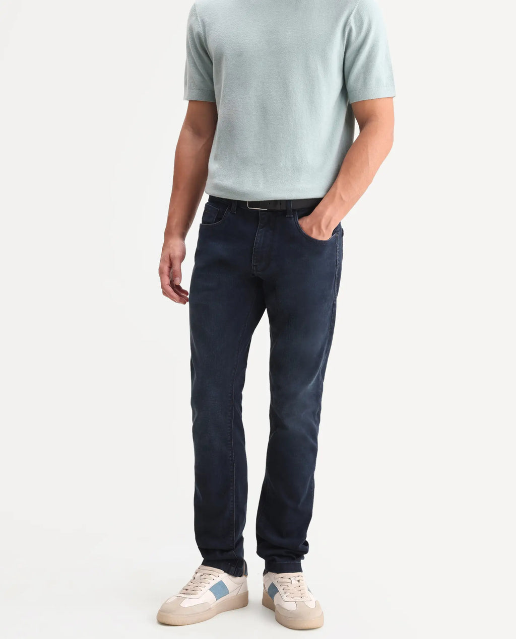Rare Rabbit Men's Vark Dark Navy Cotton Blend Fabric Shank And Zipper Hawk Slim Plain Jeans