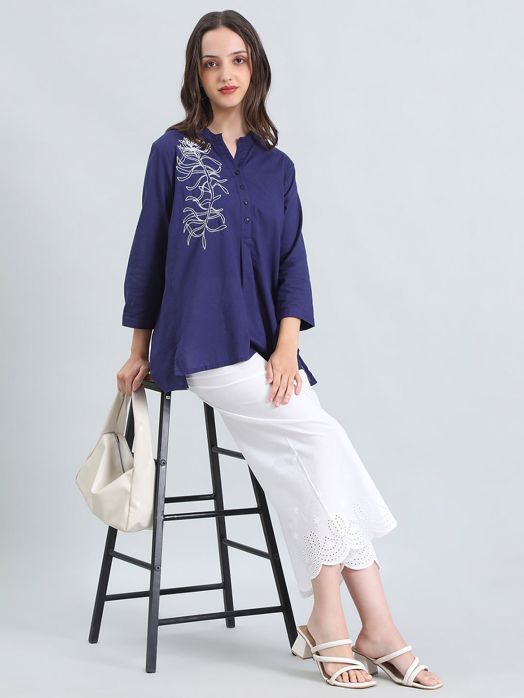 Cambric Cotton Thread Embroidered Mandarin Collar Longline Shirt
