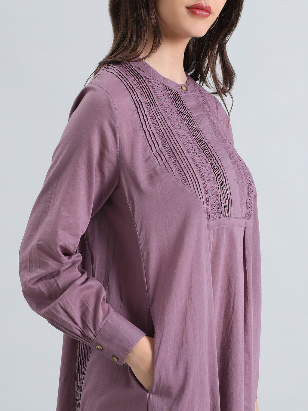 Cotton Pin-Tuck & Lace Trim Mandarin Collar Dress