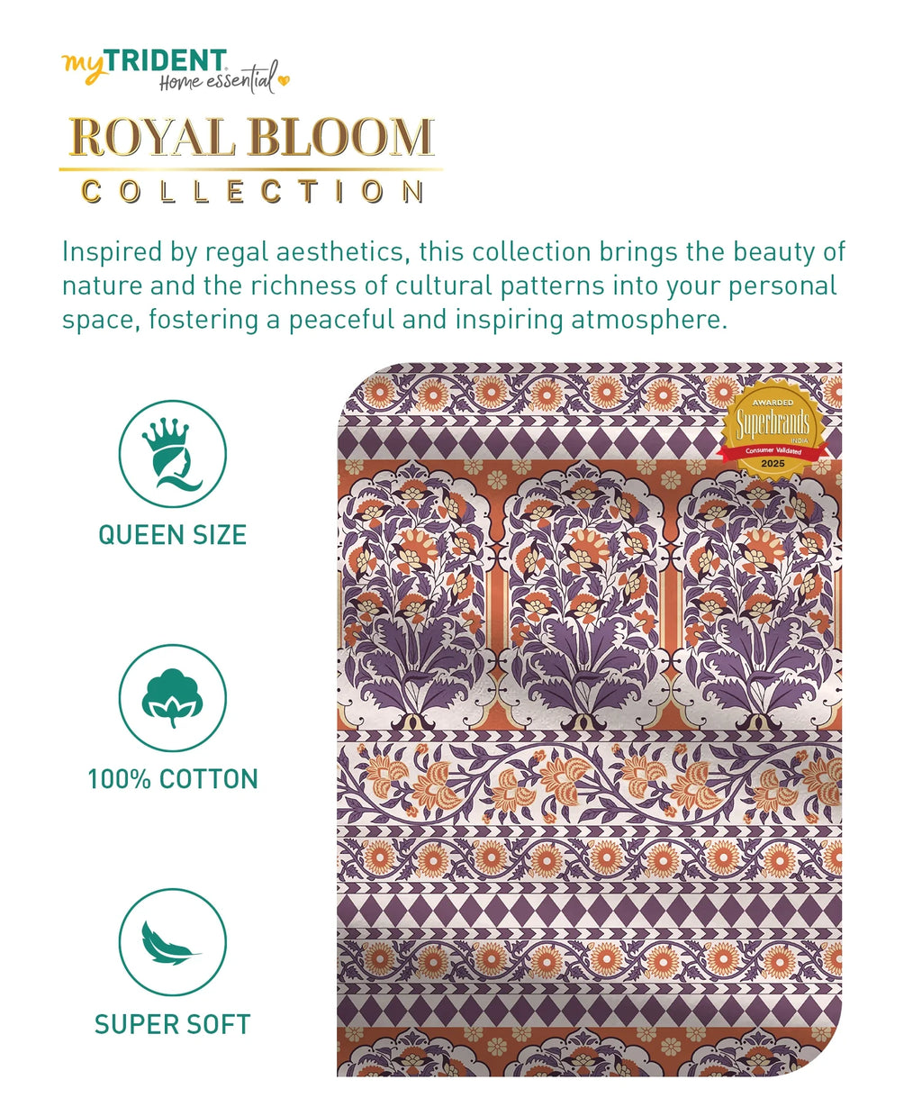 Home Essential Royal Bloom Queen Bedsheet Set, Rosario Purple| 144TC Cotton| 2 Pillow Covers