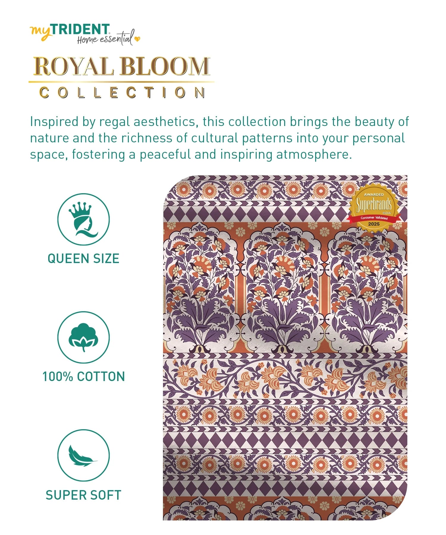 Home Essential Royal Bloom Queen Bedsheet Set, Rosario Purple| 144TC Cotton| 2 Pillow Covers