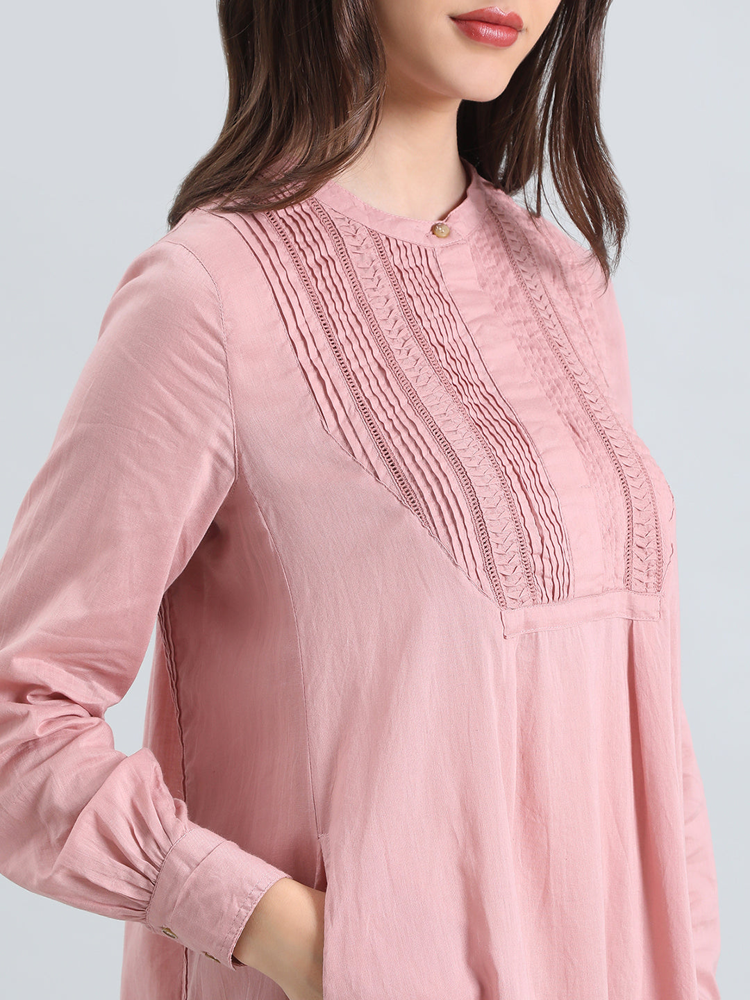 Cotton Pin-Tuck & Lace Trim Mandarin Collar Dress