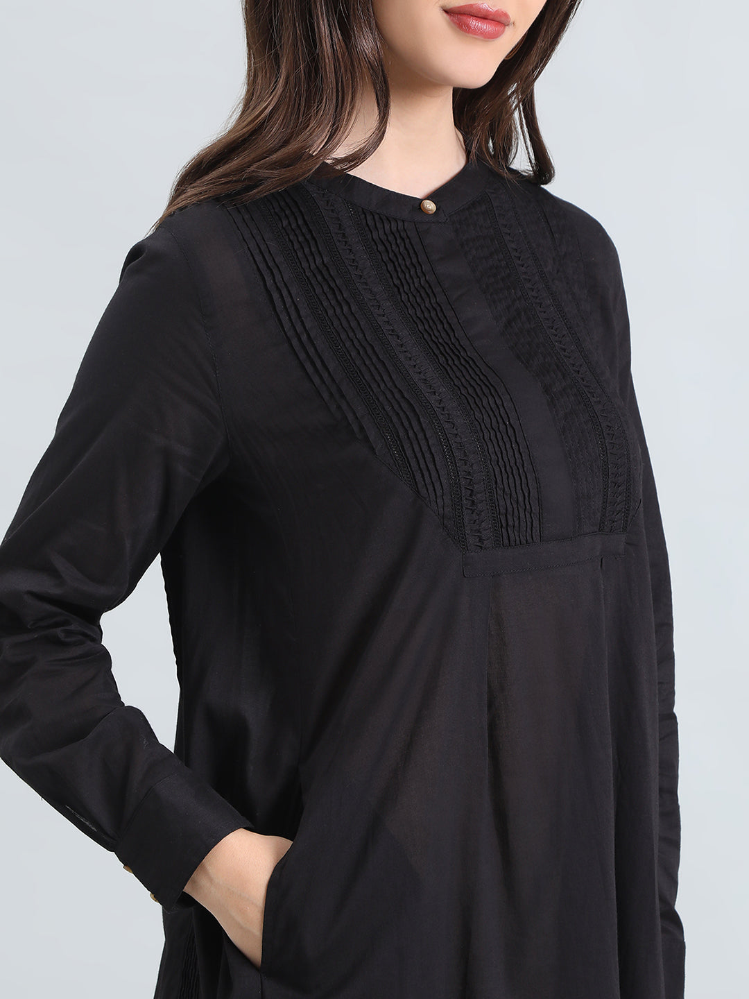 Cotton Pin-Tuck & Lace Trim Mandarin Collar Dress