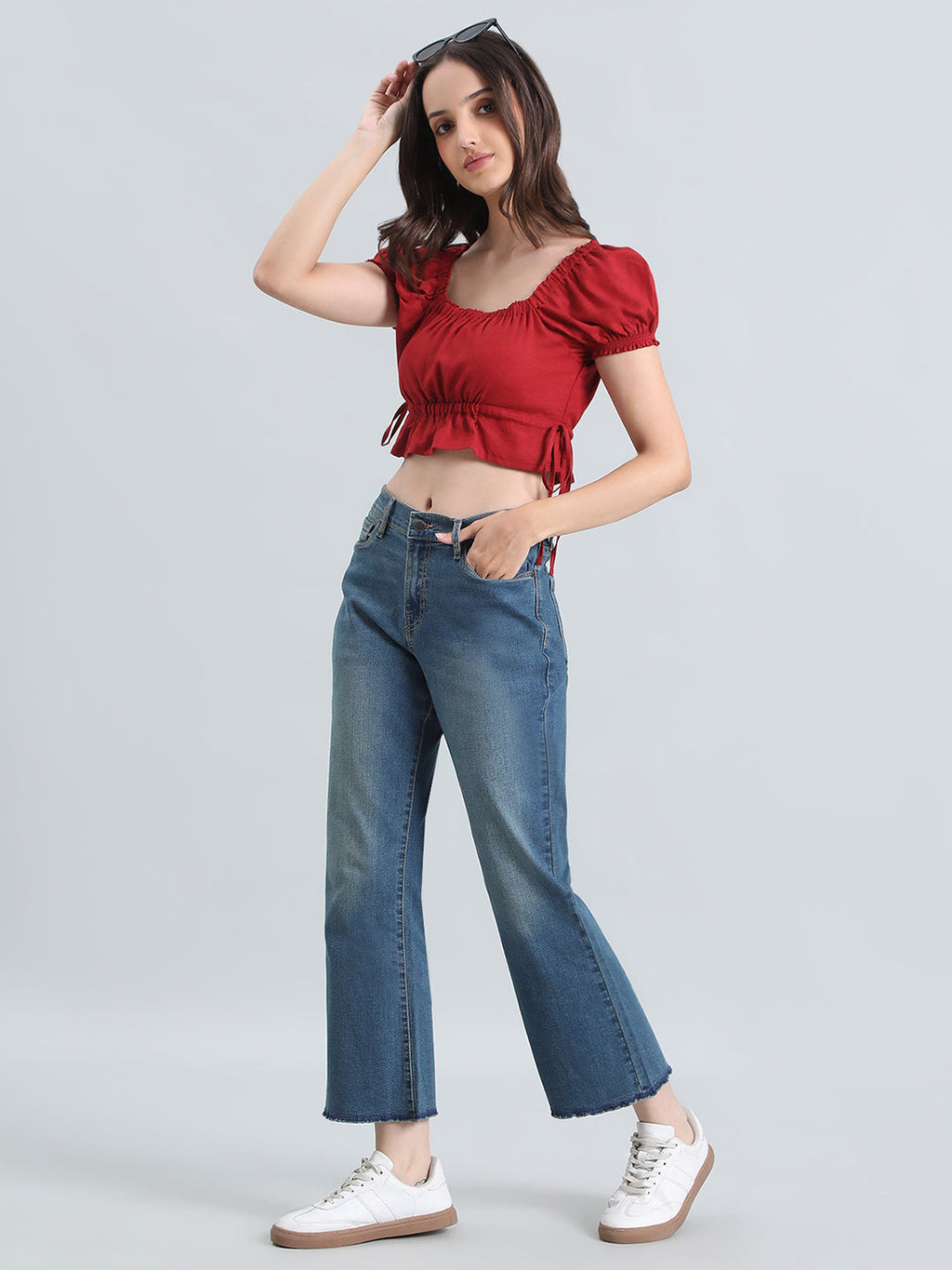 Linen Blend Square Neck Cropped Gathered Blouse