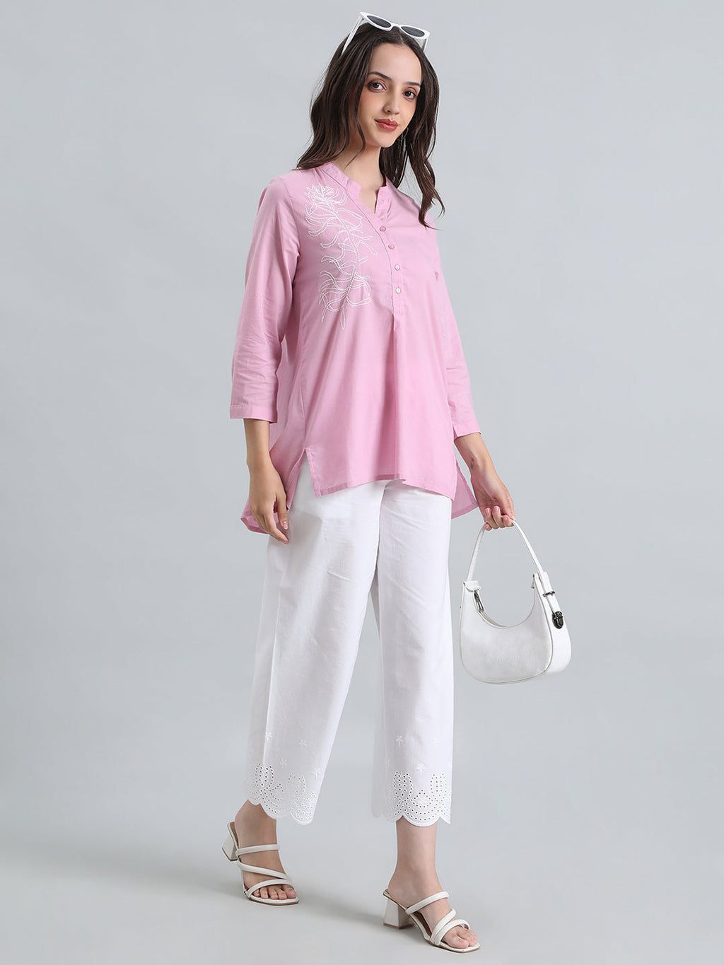 Cambric Cotton Thread Embroidered Mandarin Collar Longline Shirt