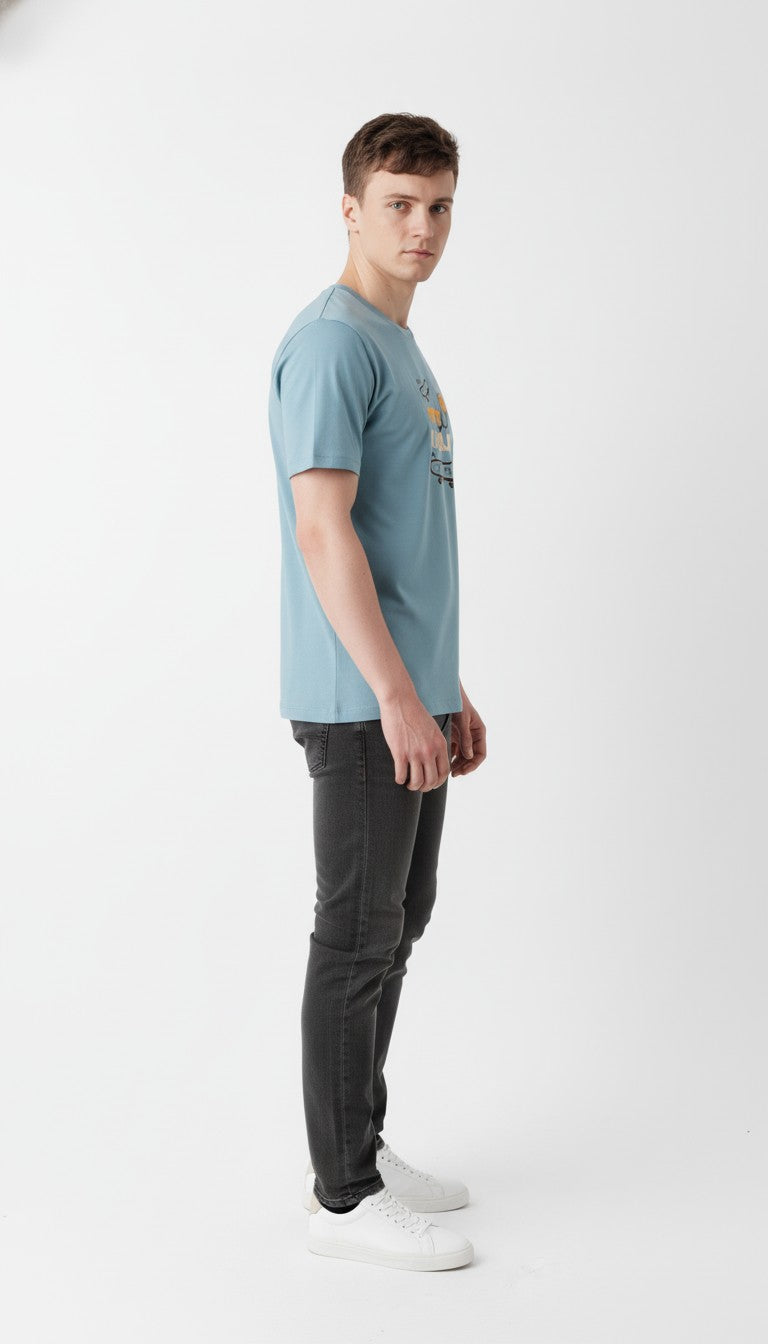 Men Cotton Ice Blue T-Shirt