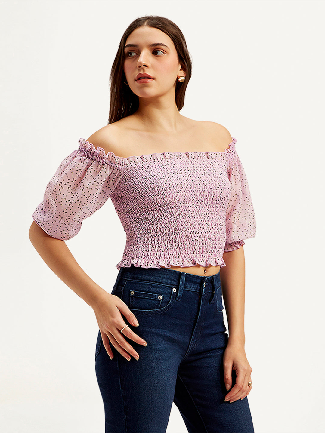 Women's Floral Light-Pink Off Shoulder Top