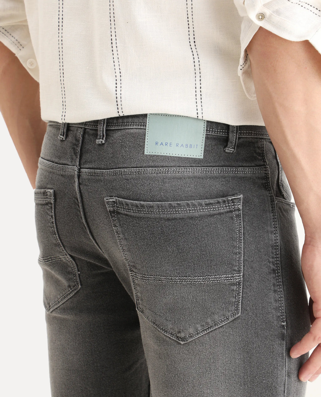 Rare Rabbit Men's Divi Light Grey Cotton Plain Hawk Slim Fit Jeans