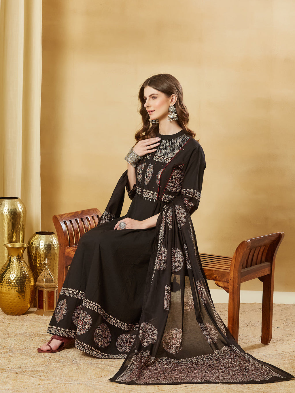 Divena Black Floral Print Cotton Anarkali Kurta Sets With Dupatta