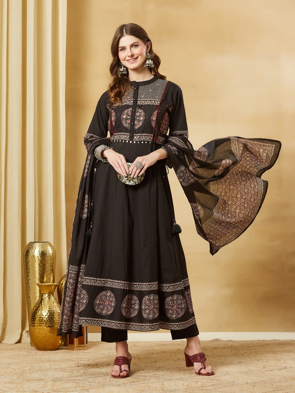Divena Black Floral Print Cotton Anarkali Kurta Sets With Dupatta
