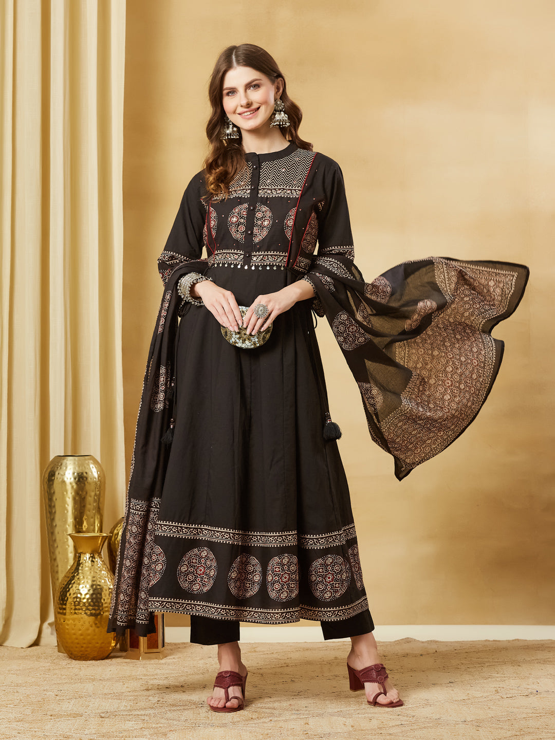 Divena Black Floral Print Cotton Anarkali Kurta Sets With Dupatta