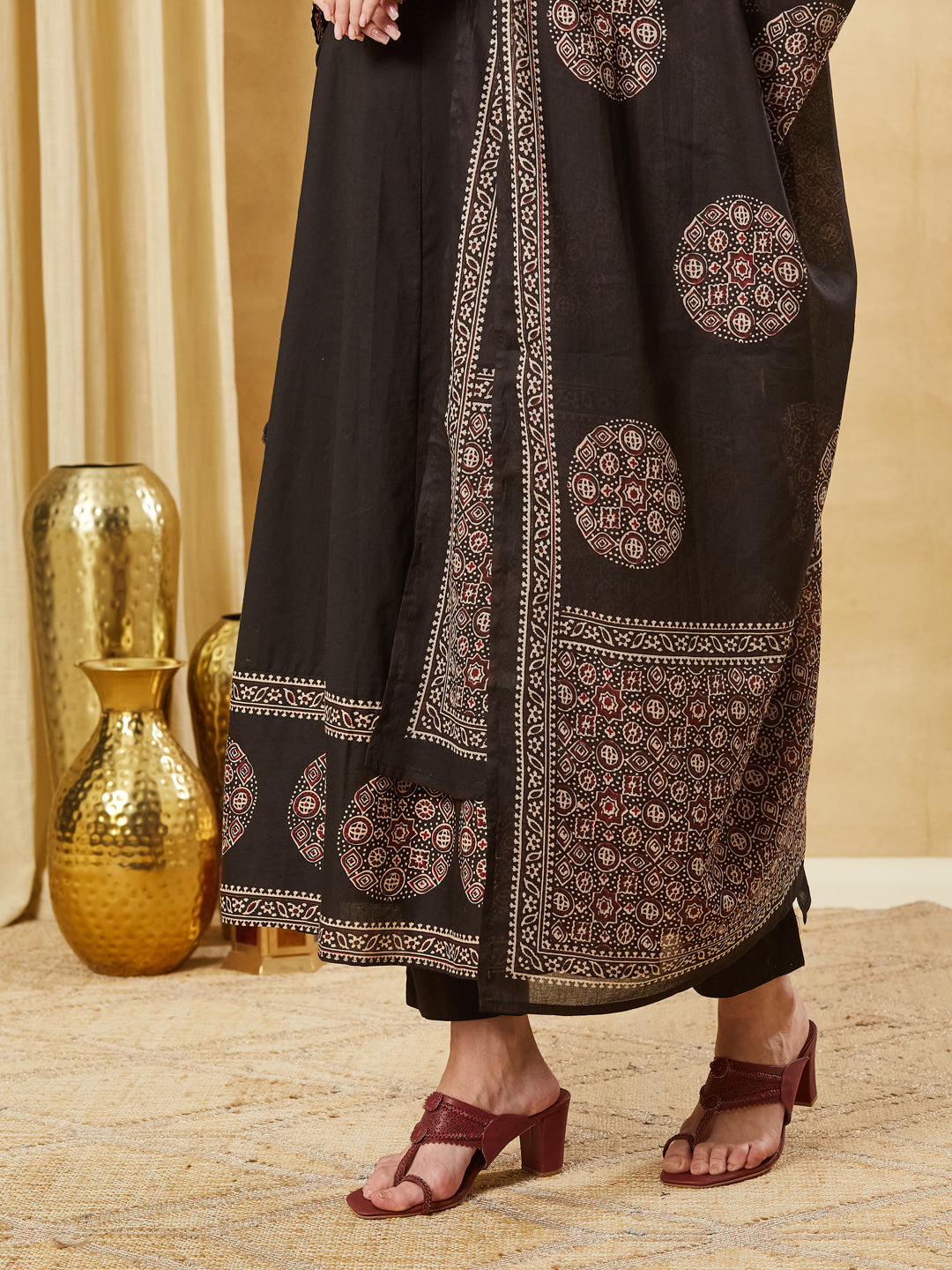 Divena Black Floral Print Cotton Anarkali Kurta Sets With Dupatta