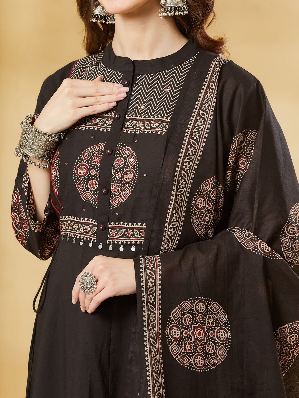 Divena Black Floral Print Cotton Anarkali Kurta Sets With Dupatta