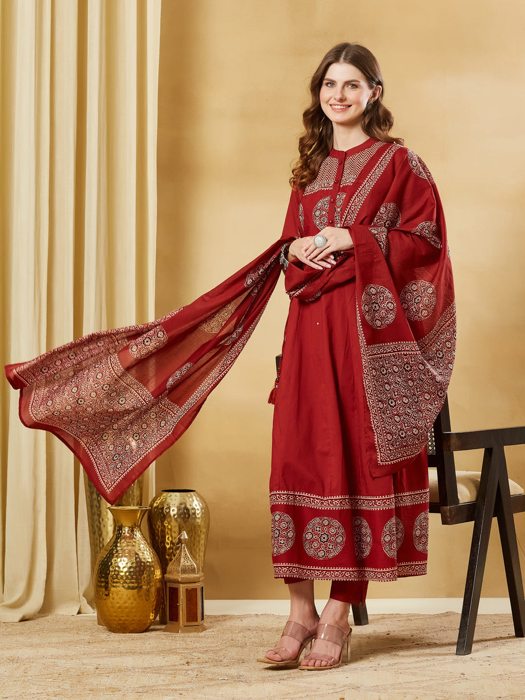 Divena Red Floral Print Cotton Anarkali Kurta Sets With Dupatta