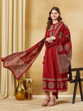Divena Red Floral Print Cotton Anarkali Kurta Sets With Dupatta