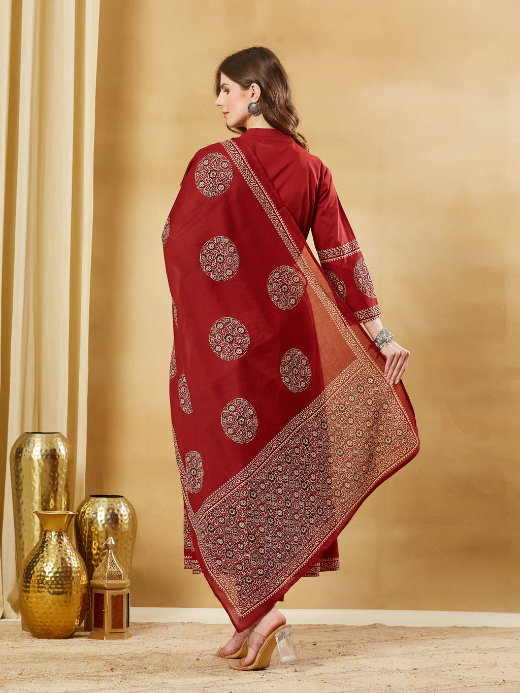 Divena Red Floral Print Cotton Anarkali Kurta Sets With Dupatta