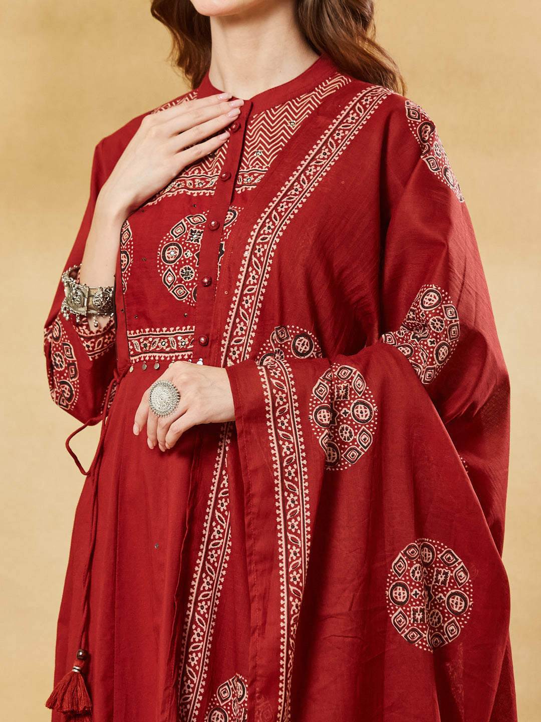 Divena Red Floral Print Cotton Anarkali Kurta Sets With Dupatta