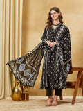 Divena Black Floral Print Cotton A-Line Kurta Sets With Dupatta
