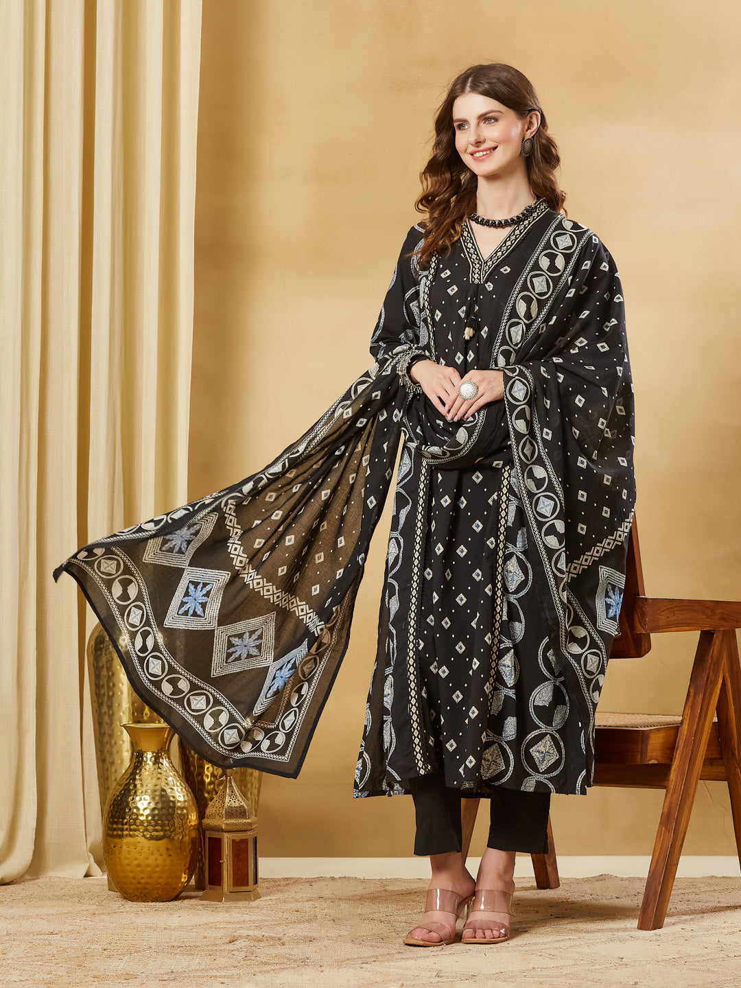 Divena Black Floral Print Cotton A-Line Kurta Sets With Dupatta