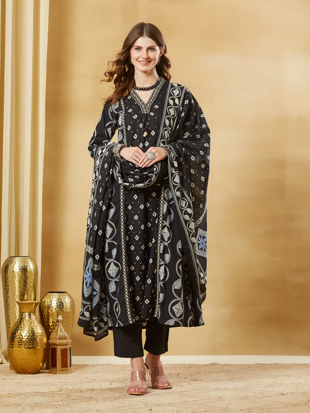 Divena Black Floral Print Cotton A-Line Kurta Sets With Dupatta