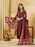 Divena Maroon Floral Print Cotton A-Line Kurta Sets With Dupatta