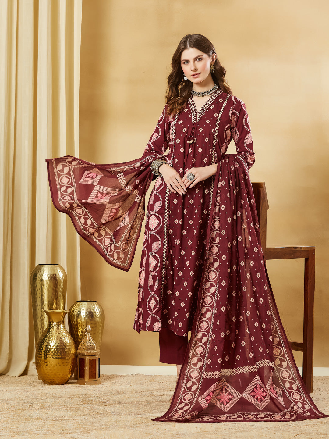 Divena Maroon Floral Print Cotton A-Line Kurta Sets With Dupatta