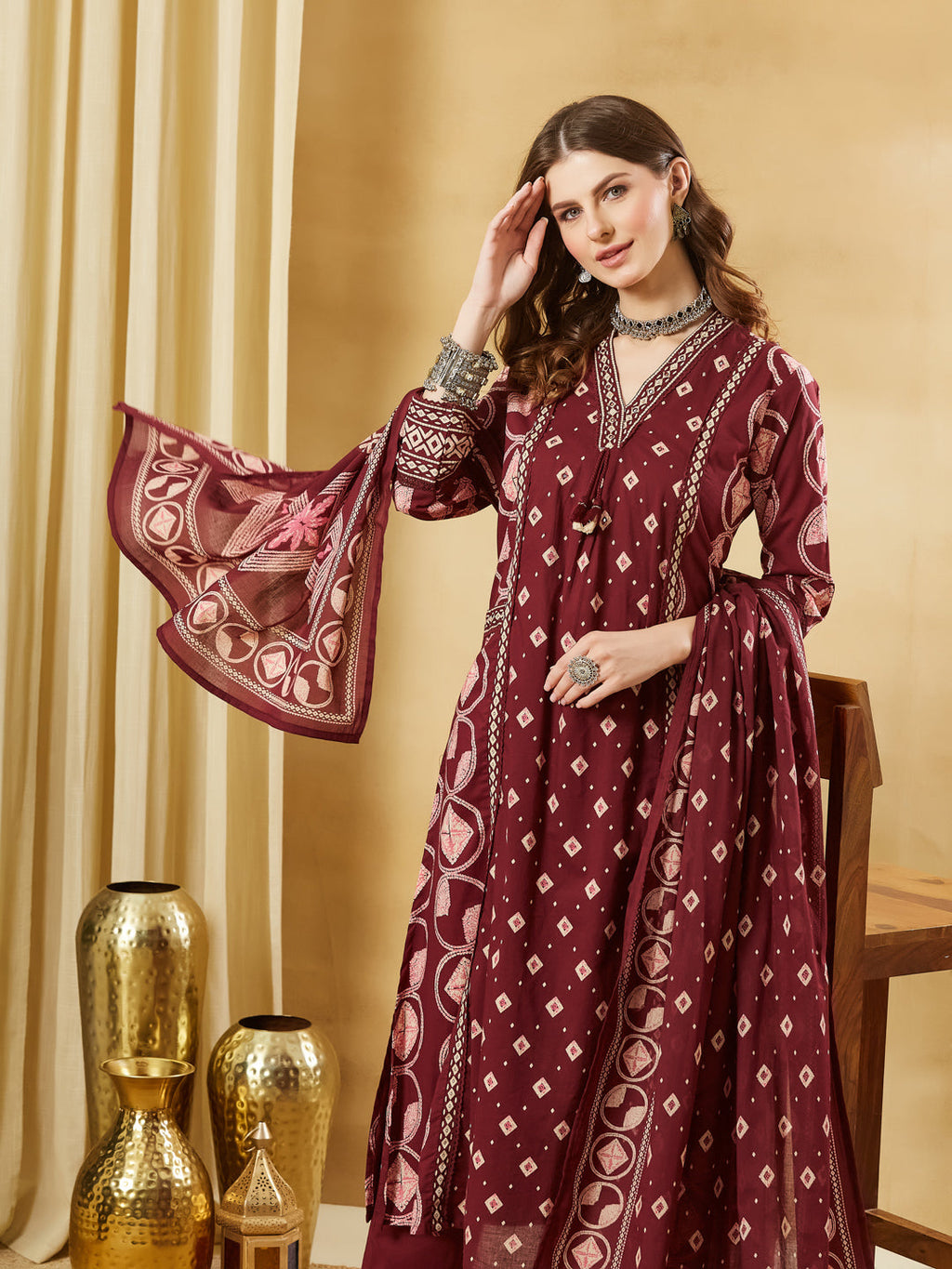 Divena Maroon Floral Print Cotton A-Line Kurta Sets With Dupatta