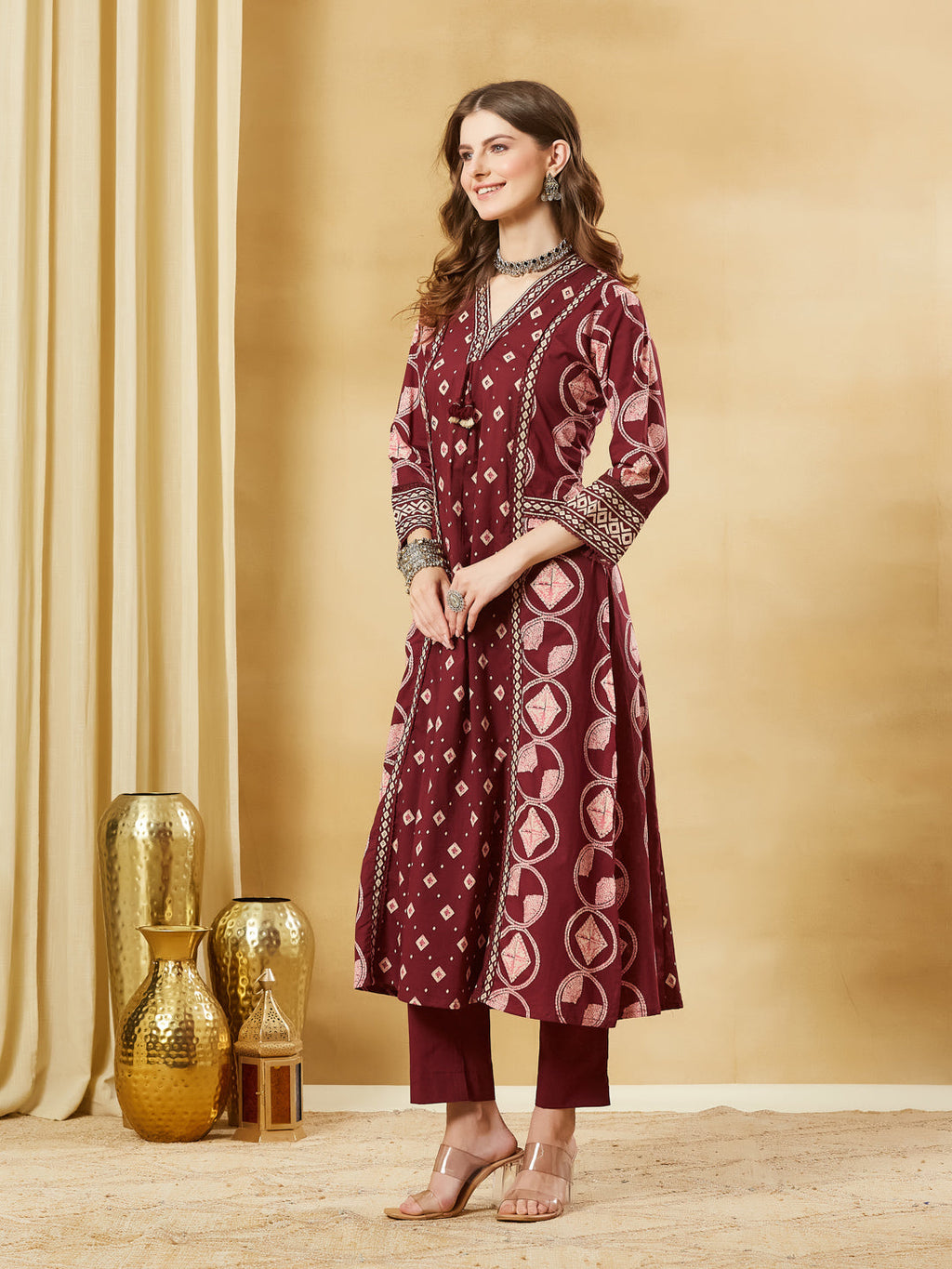 Divena Maroon Floral Print Cotton A-Line Kurta Sets With Dupatta