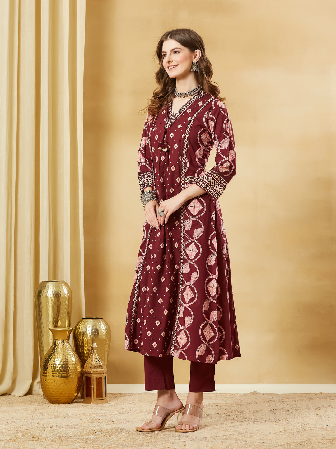Divena Maroon Floral Print Cotton A-Line Kurta Sets With Dupatta
