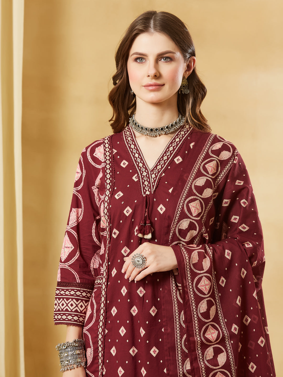 Divena Maroon Floral Print Cotton A-Line Kurta Sets With Dupatta