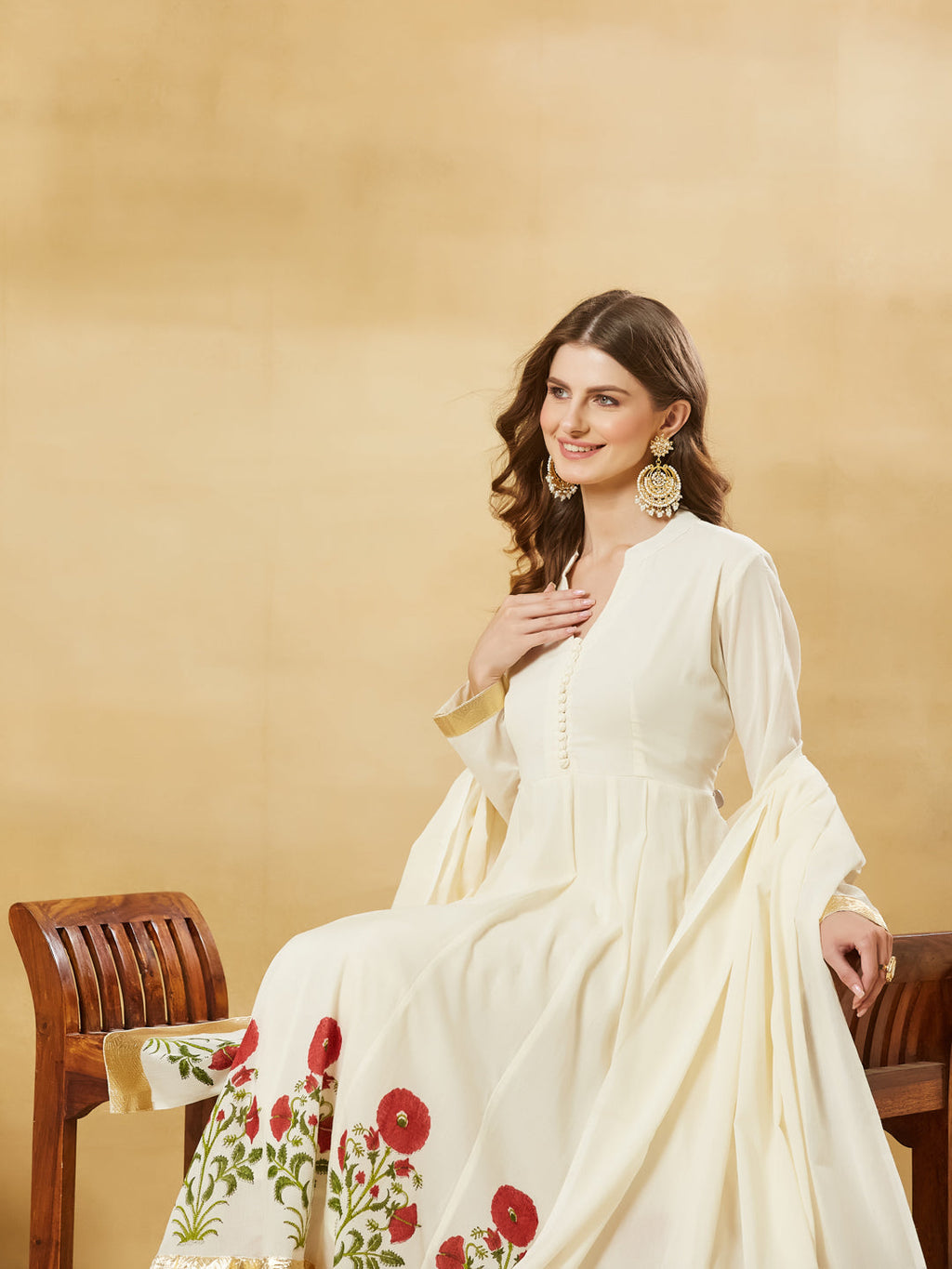 Divena Offwhite Handblock Red Flower Print Anakali Kurta Set