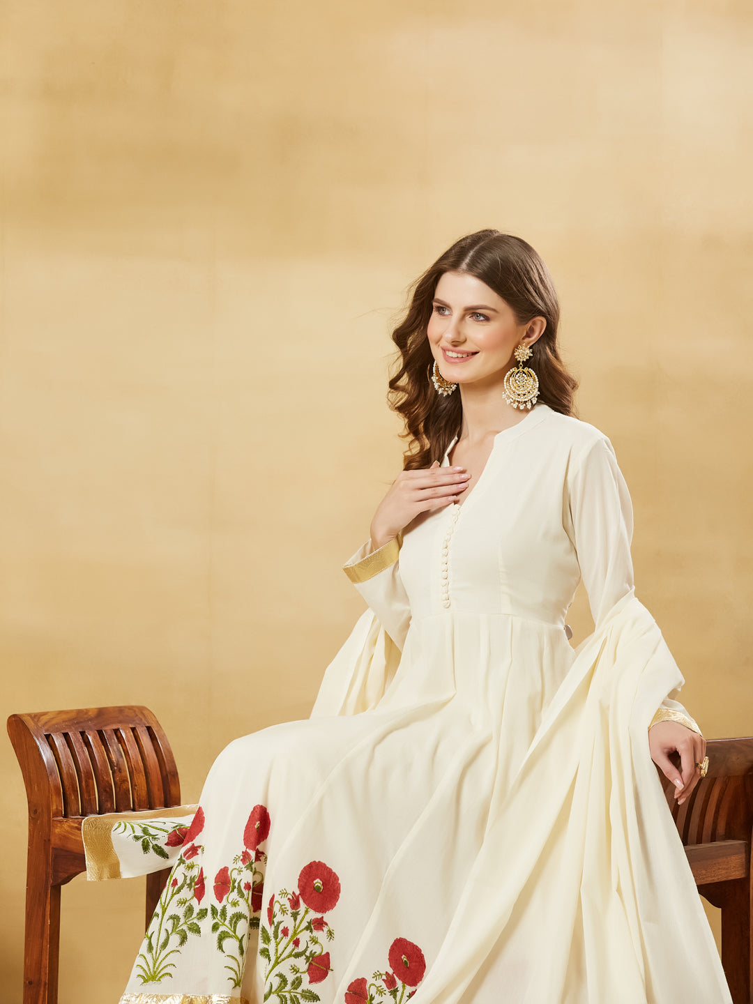 Divena Offwhite Handblock Red Flower Print Anakali Kurta Set