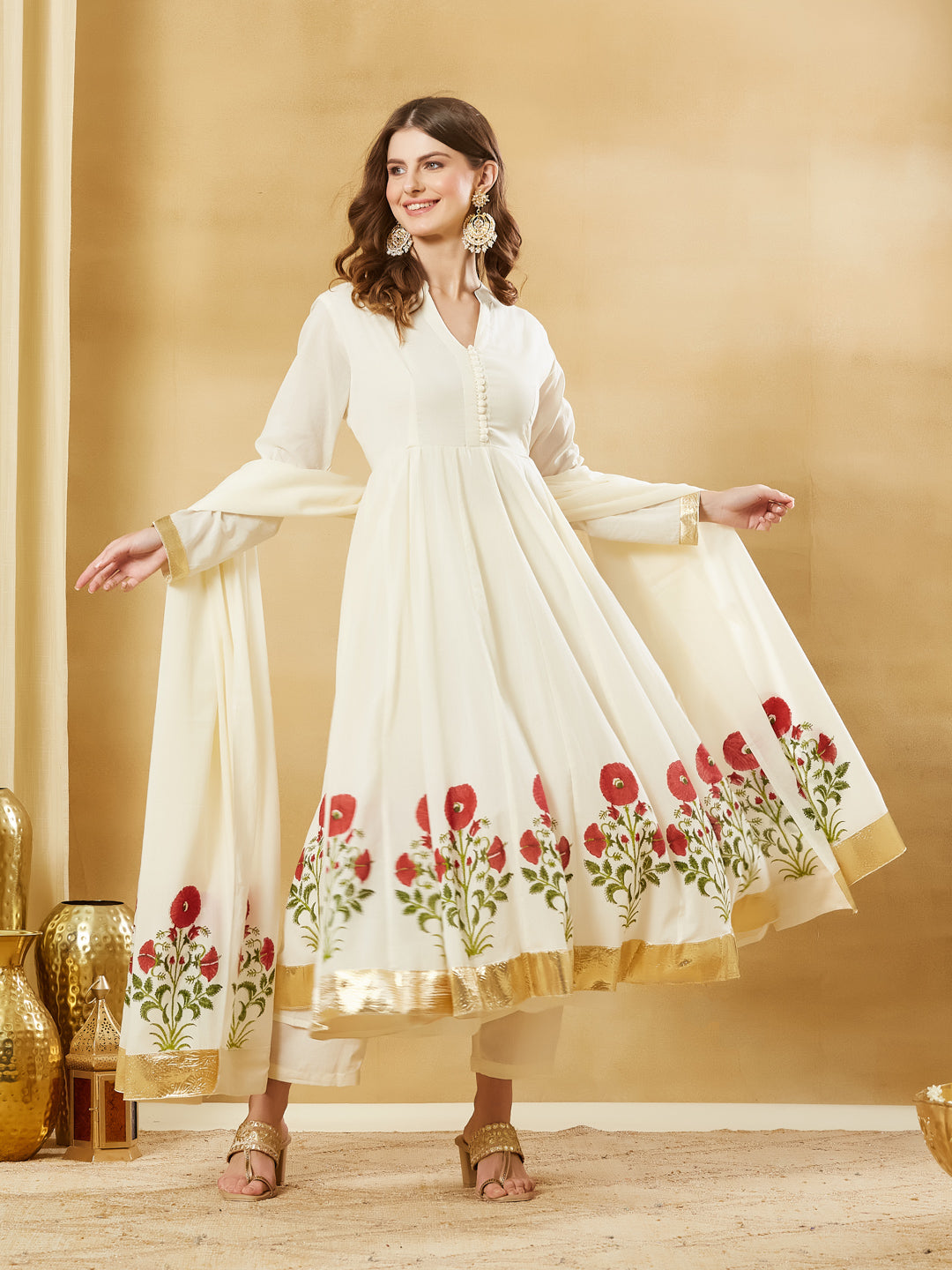 Divena Offwhite Handblock Red Flower Print Anakali Kurta Set