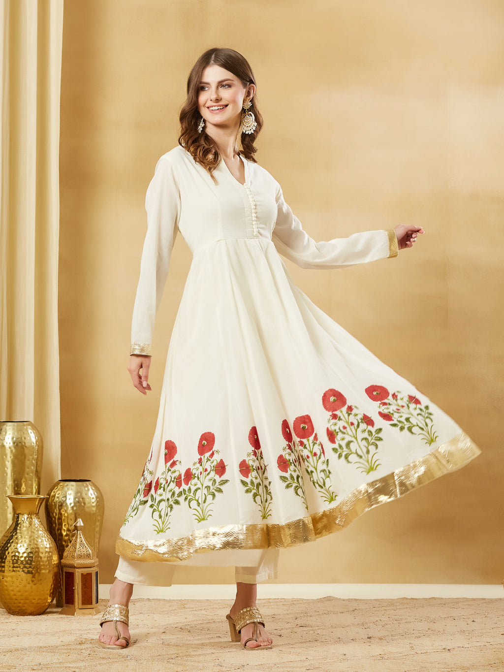 Divena Offwhite Handblock Red Flower Print Anakali Kurta Set
