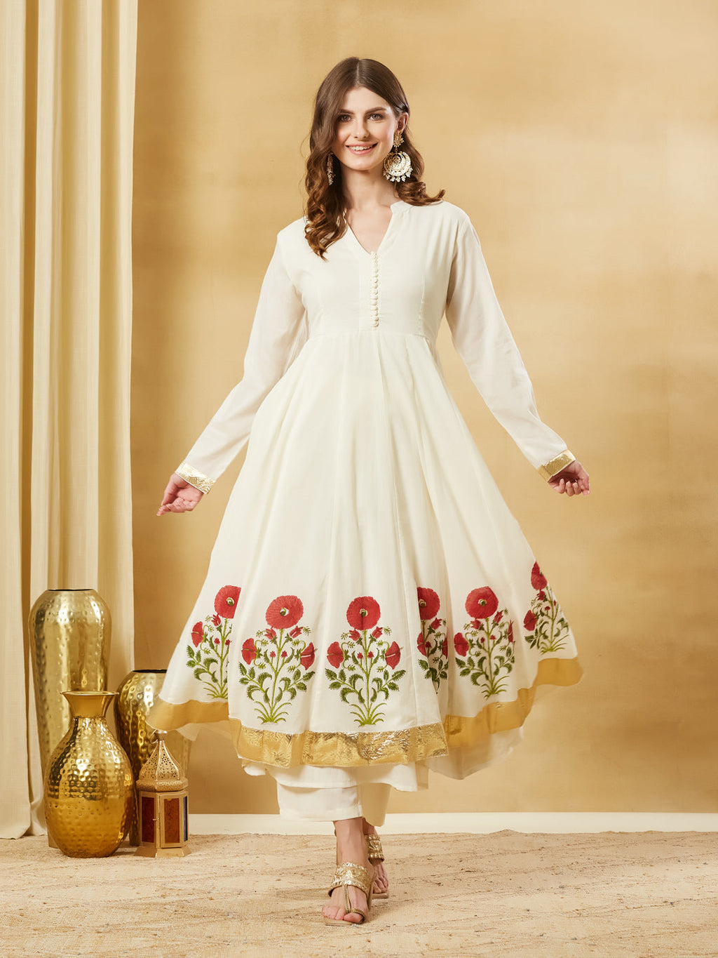 Divena Offwhite Handblock Red Flower Print Anakali Kurta Set