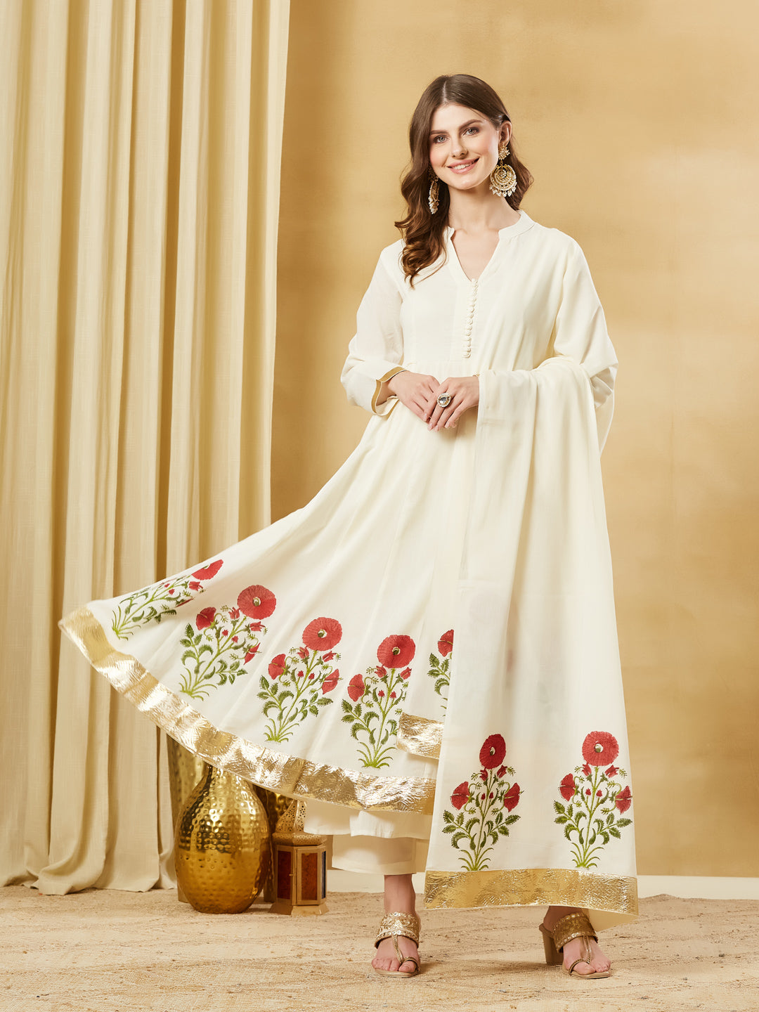 Divena Offwhite Handblock Red Flower Print Anakali Kurta Set