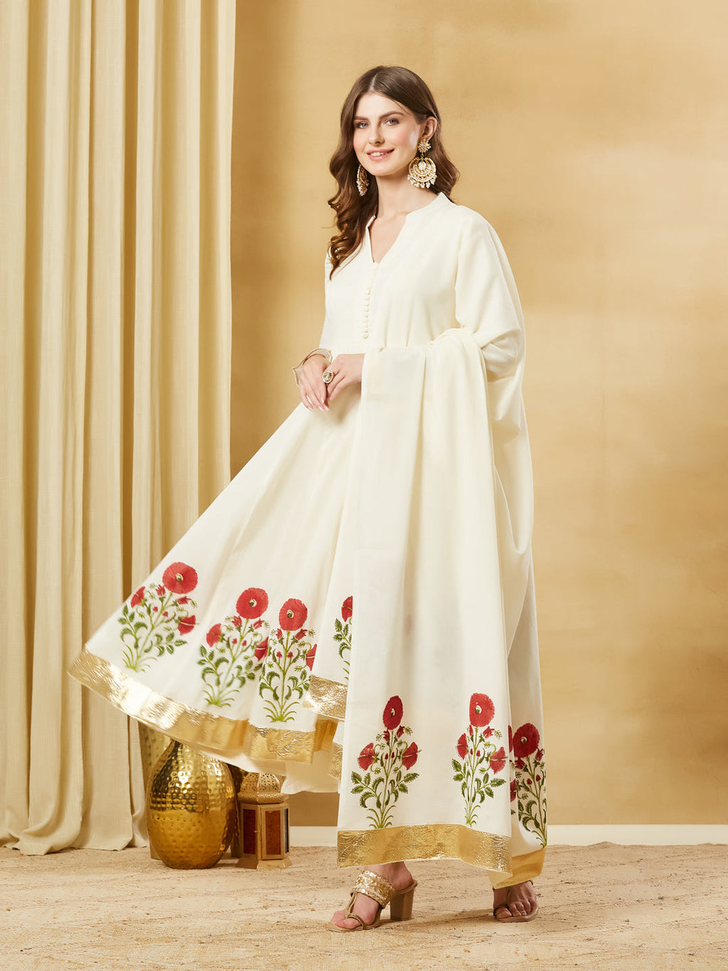 Divena Offwhite Handblock Red Flower Print Anakali Kurta Set
