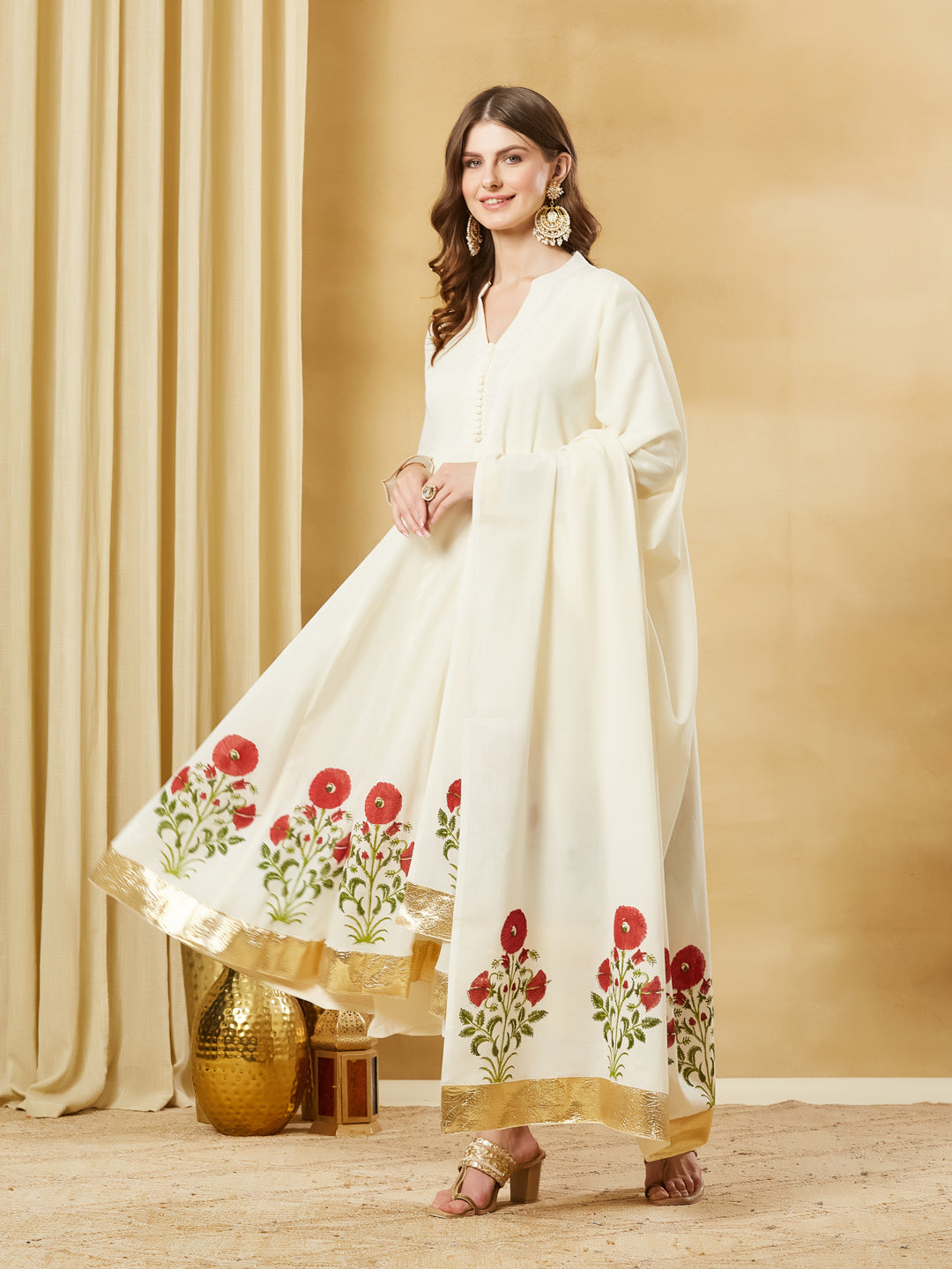 Divena Offwhite Handblock Red Flower Print Anakali Kurta Set