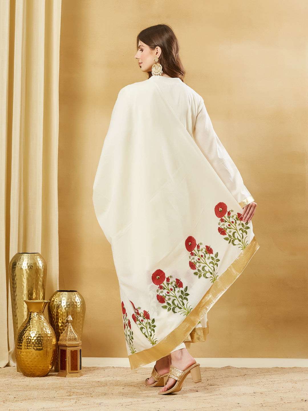 Divena Offwhite Handblock Red Flower Print Anakali Kurta Set