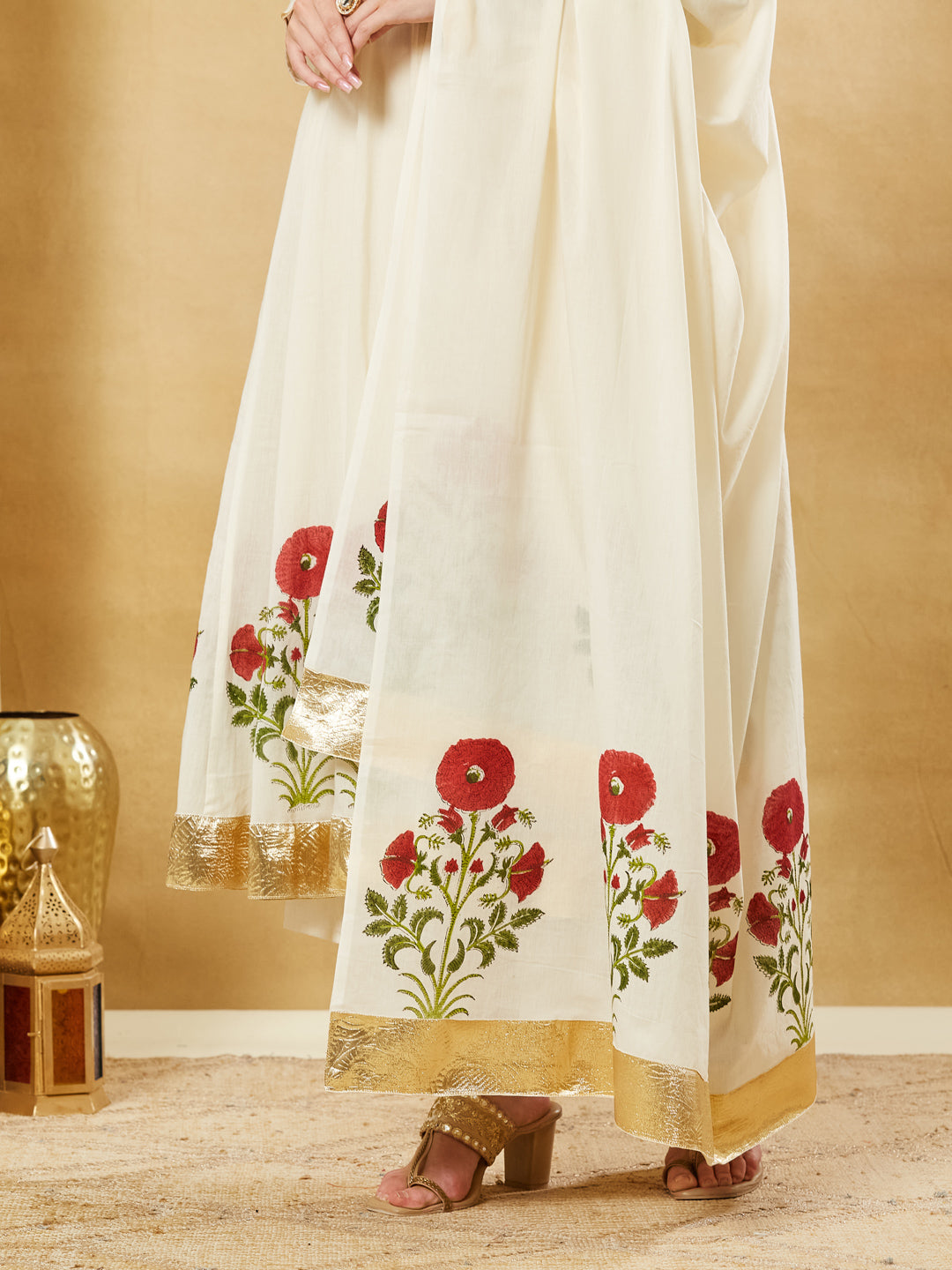 Divena Offwhite Handblock Red Flower Print Anakali Kurta Set