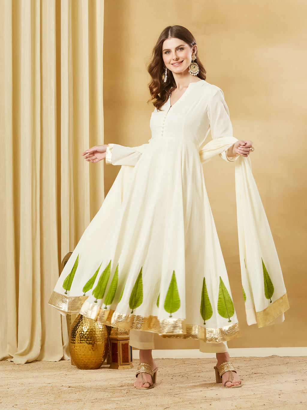 Divena Offwhite Handblock Green Flower Print Anakali Kurta Set