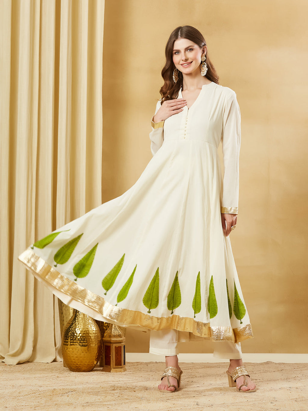 Divena Offwhite Handblock Green Flower Print Anakali Kurta Set