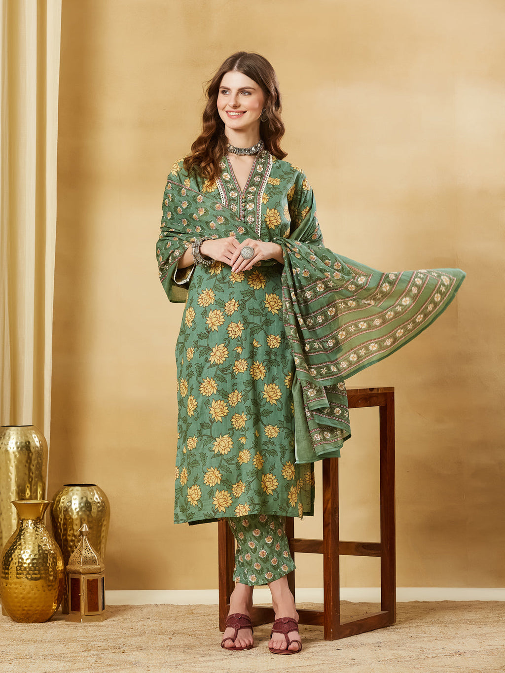 Divena Green A-Line Cotton Kurta Pant Set With Dupatta