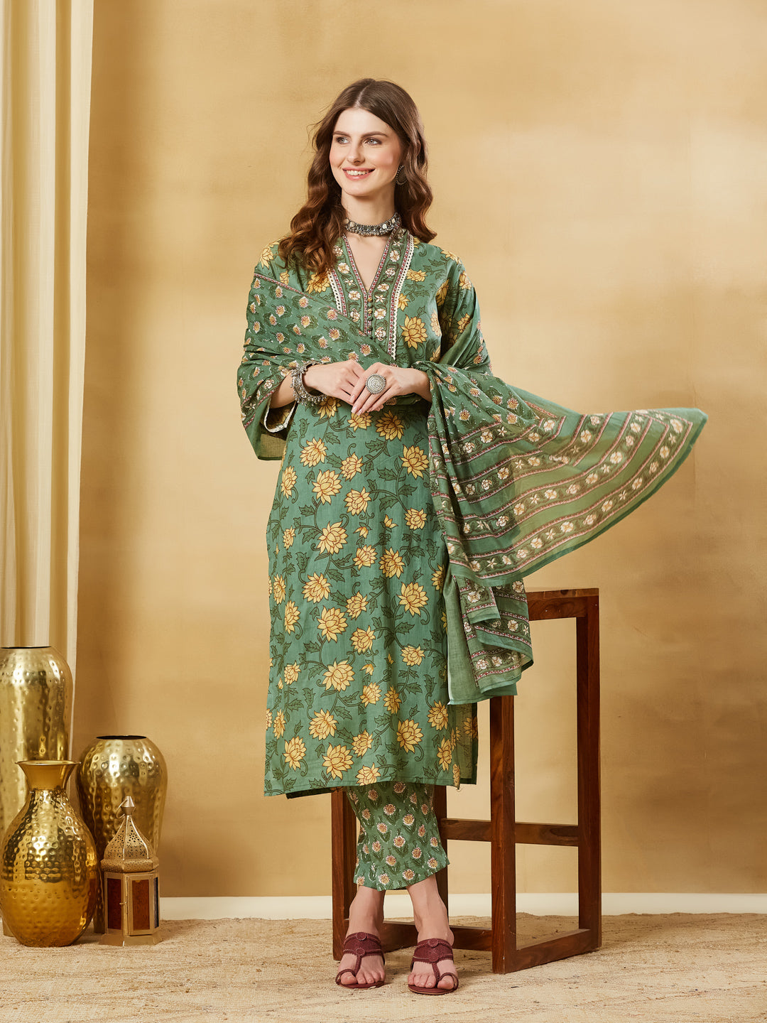 Divena Green A-Line Cotton Kurta Pant Set With Dupatta