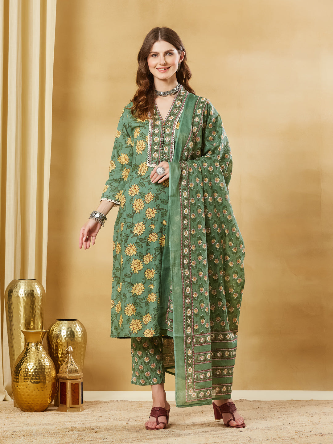 Divena Green A-Line Cotton Kurta Pant Set With Dupatta