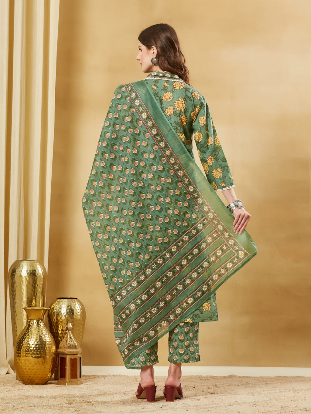 Divena Green A-Line Cotton Kurta Pant Set With Dupatta